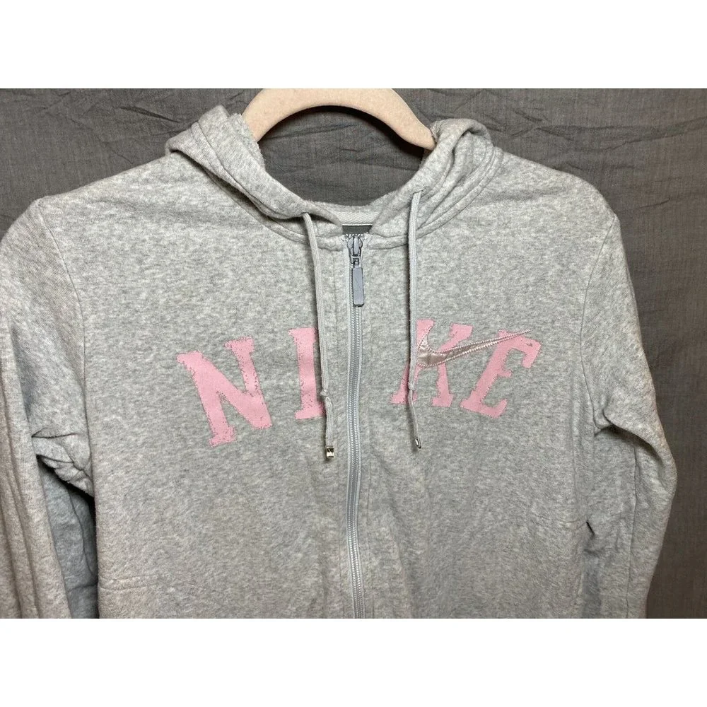 Nike Sweater Girls 8/10 Medium Grey Pink Full Zip Swoosh Hoodie‎ Kids Youth